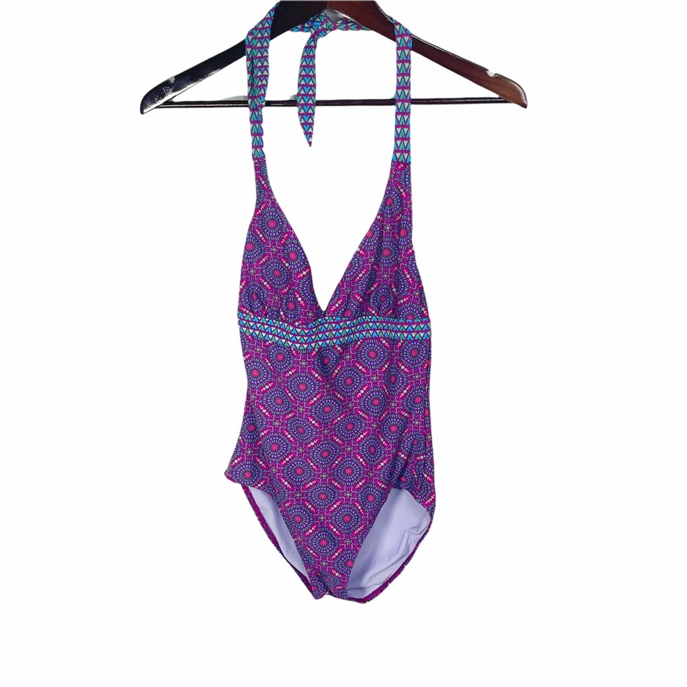 Prana Blue and Red One Piece Swimsuit with Geometric Pattern